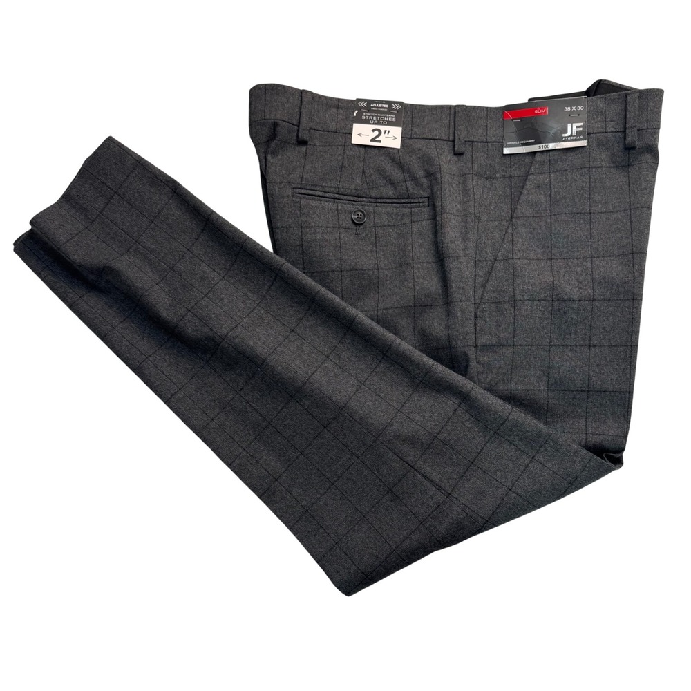 JF J. Ferrar Mens Slim Charcoal Windowpane Dress Pants 38x30 Adjustec Stretch